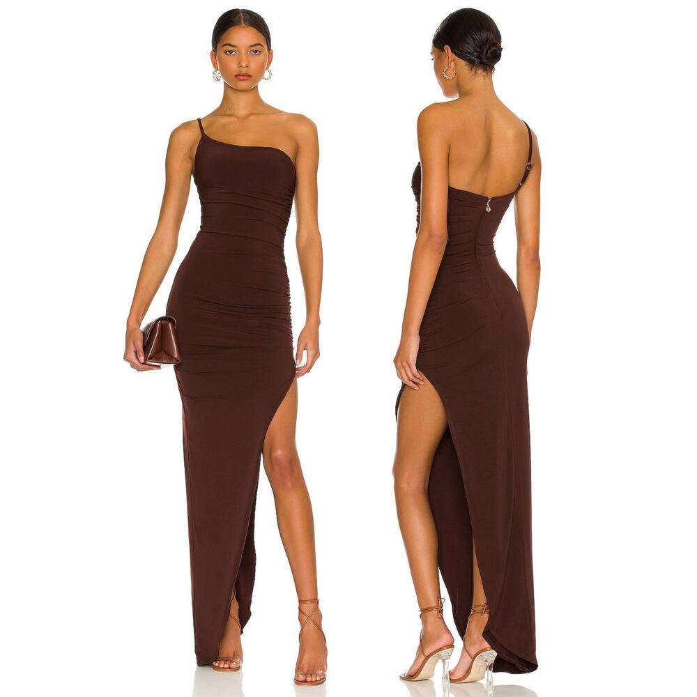 Nookie Aria One Shoulder Gown Ruched Party Formal Prom Event Evening Chocolate L